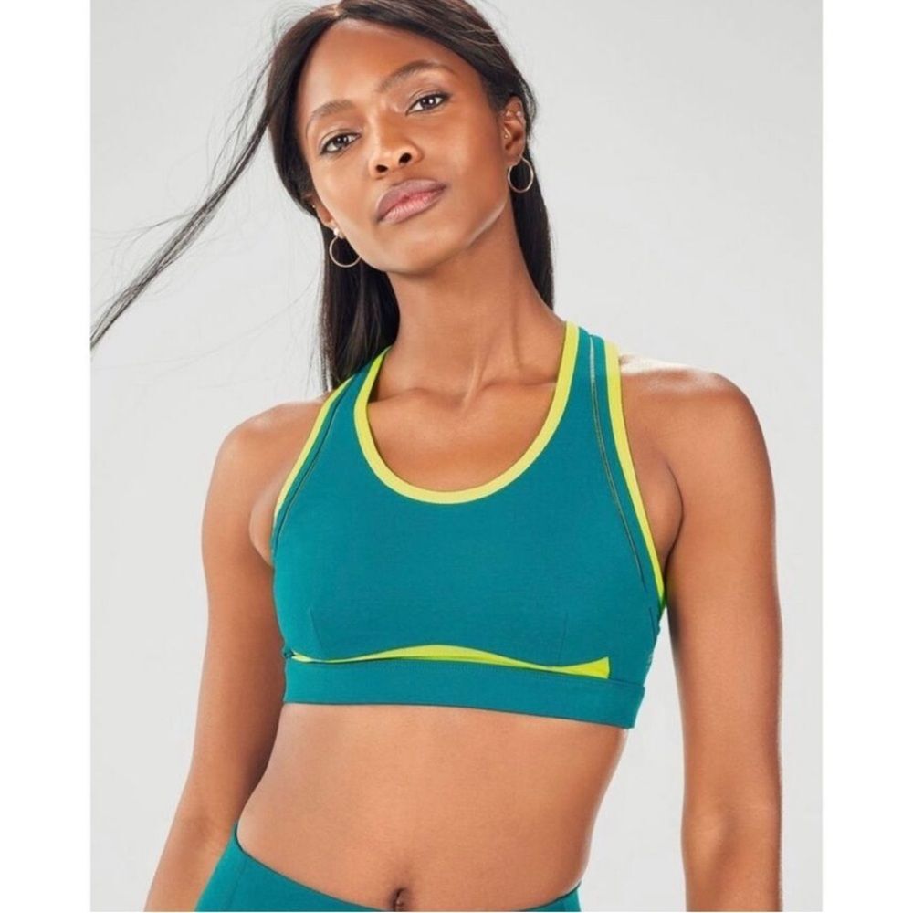 Fabletics Belle High Impact Sports Bra in Teal and Neon Yellow Size Small